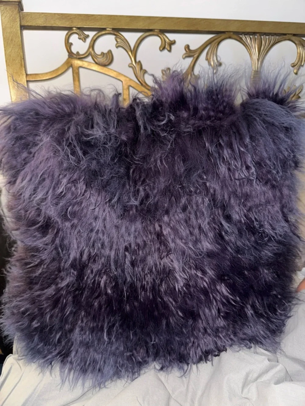 Mongolian Lamb Fur Large Pillow Wool Purple Gray
